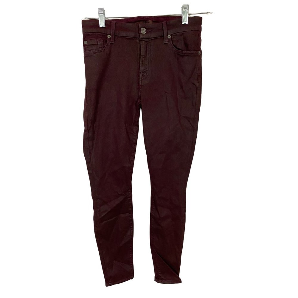 7 for all man kind womens 27 skinny high rise waxed coated jeans maroon metallic